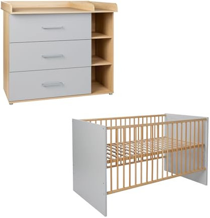Arthur Berndt Babyzimmer Set Elina, 2-teilig, Lichtgrau/Nagano Eiche, Babybett 70x140cm und Wickelkommode mit abnehmbarem Aufsatz