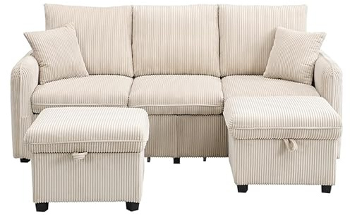 WEALTHOUSE Multifunktionales modulares Ecksofa mit 2 Ottomane-Staufächern und Schubladen, wandelbar in Einzelbett oder L-Form, weicher Chenillebezug, Metall-Holzrahmen mit hoher Belastbarkeit (Beige)