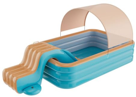 Blissbuilt Aufblasbares Planschbecken für Kinder 250 * 140 * 52CM,Stabiles Planschbecken Rechteckig Groß Mit Sonnenschirm und Rutsche,3 Ringe Family Pool für Outdoor Home Balkon Sommerwasserparty