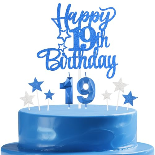 mciskin Royal Blue 19th Birthday Candles Cake Toppers Set,19th Birthday Decorations for Boy,Sapphire Number 19 Candle for Cake,Royal Blue and Silver Star Cake Toppers for Girls Boys Birthday Party