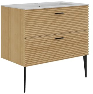 Vente-unique - Meuble de Salle de Bain strié sur Pieds avec Vasque à encastrer - 2 tiroirs - Naturel Clair - 80 cm - SARONE