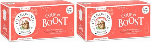 Les 2 Marmottes - Infusion Coup de Boost 30 sachets - Fleur Hibiscus et Cynorrhodon - Energisante et stimulante - Made In France - Sans arômes ajoutés - 55g (Lot de 2)