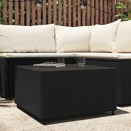 IBUQDDV Table basse de jardin carrée - Noir - 50 x 50 x 30 cm - En rotin synthétique - Avec plateau en verre trempé, cadre en acier stable et résistant aux intempéries - Pour terrasse extérieure - 4
