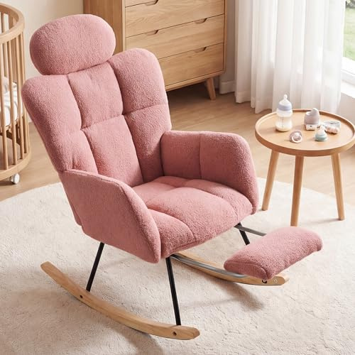 DEKKETO Fauteuil a Bascule Allaitement avec Repose-Pied et Appui-tête Rose | Rocking Chair en Tissu Bouclette, Chaise à Bascule pour Salon, Chambre Bébé, Fauteuil Relax Confortable, Pieds en Bois Massif