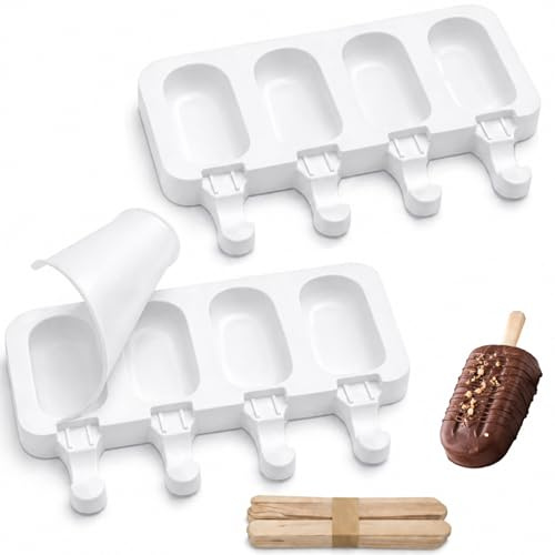 2 Pièces Moule à Glace en Silicone, Moule Magnum Cake Réutilisable avec Couvercle 50 pcs Bâtons En Bois Sorbetière pour Glaces Maison Moule à Glace en Silicone Sans BPA pour Enfants et Adultes