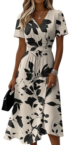SCBFDI Damen Kleider Casual Boho Kleidung Cocktailkleid Festlich Retroen | Kurzärmliges Kleid Schule Maxi Tailliert Mit Plisseefalten V Ausschnitt Maxikleid Strandkleid