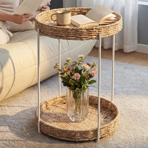 doporro Beistelltisch rund Ø37×H55 cm, mit 2 abnehmbarem Tablett Weiß | Couchtisch klein aus Papierseil, Sofatisch als Beistelltisch Couch für Wohnzimmer, Schlafzimmer, Outdoor und Balkon, Reglo-08