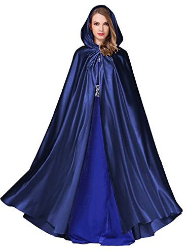 BEAUTELICATE Umhang Damen mit Kapuze Satin Cape Mantel Lang für Hochzeit Brautkleid Fasching Halloween Kostüm Mittelalter Robe Vampir Hexen (Navy Blau, Einheitsgröße)