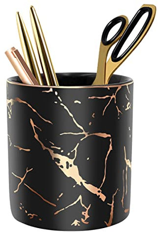 WAVEYU Stiftebecher, Stifthalter für Schreibtisch, Schreibwaren-Organizer für Mädchen, Frauen, Kinder, Keramik, Glitzer, Marmor, Make-up-Pinselhalter, Schwarz