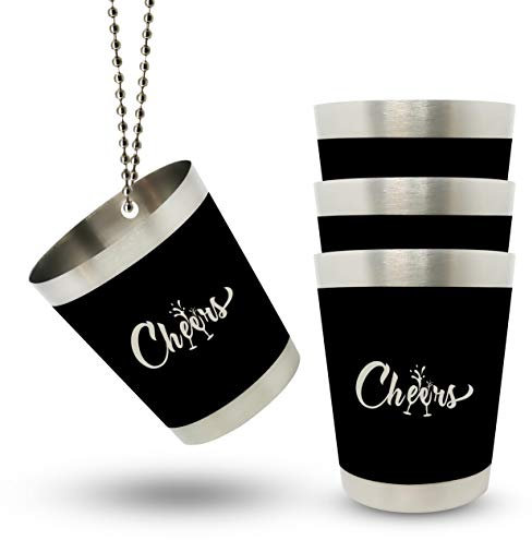 Cheers 4 STK Schnapsgläser Edelstahl Schwarz Schnapsglas Kette 4 cl für Partys Junggesellinnenenabschied Frauen Team Braut Party Deko JGA Pride Parade Shotgläser Metall Becher zum Umhängen