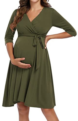 KOJOOIN Robe de Maternité pour Femmes Enceintes Robe d'allaitement Col en V à Manches Longues avec Ceinture Grün de l'armée XL