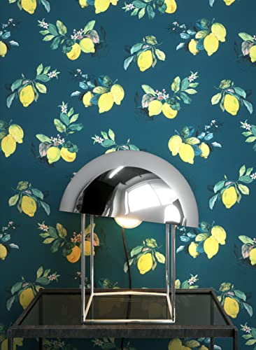 NEWROOM Tapete Blau Vliestapete Zitronen - Mustertapete Landhaus Gelb Grün Blätter Blumen Zitronentapete Modern Küchentapete inkl. Tapezier-Ratgeber