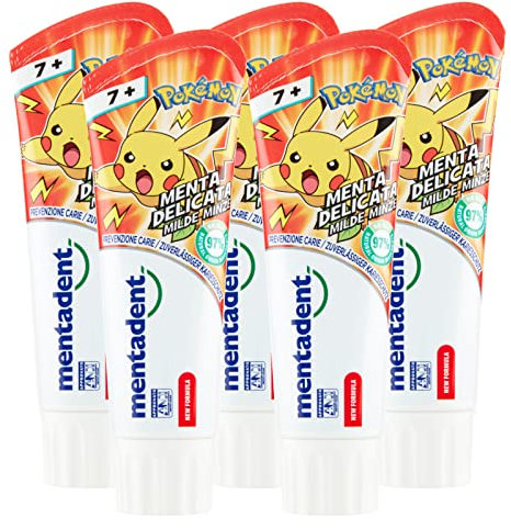 5x Mentadent Dentifricio Cartoni Animati Gusto Menta per Bambini 7+ Anni - 5 Flaconi da 75 ml ognuno