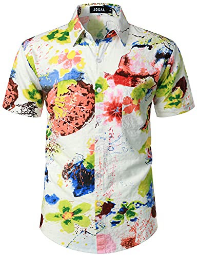JOGAL Herren Hawaii Hemd Männer Kurzarm Regular Fit Sommer Freizeithemd Weiße Schale X-Large