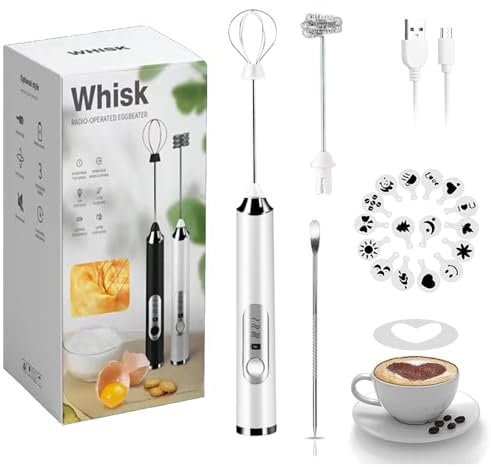 JrundMsoxz Rechargeable Milk Frother - 3-Speed Electric Handheld Coffee Mixer With 2 Whisks and Decoration Tool, Stand-up Design for Latte, Cappuccino, Cream (White)
