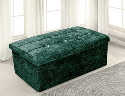 Home Republic Storage Ottoman, Padded Foldable Bench, Chest with Lid, Perfect for Bedroom, Hallway, Living Room (Crushed Velvet Emerald Green, 76x38cms)