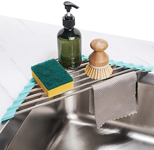 Tomorotec Dreieckiges aufrollbares Abtropfgestell für Spüle, Ecke, klein, faltbar, Edelstahl über der Spüle, Mehrzweck-Küchenabtropfgestell, Caddy, Aufbewahrung, platzsparendes Regal