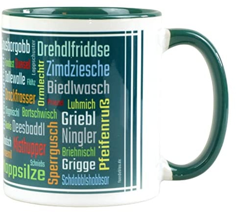 Fördeblau Sächsisch Schimpfwörter Tasse – Humorvolles Kaffeebecher-Design, 330ml, Tagcloud Keramikbecher als lustiges Geschenk für Sachsen und Mundart Liebhaber