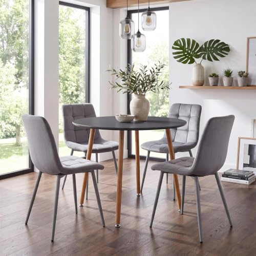 Round Dining Table & Velvet Chairs Space Saving Grey Kitchen Furniture Set | KOSY KOALA Round Dining Table and Chairs Set Space Saving Grey Kitchen Table with Padded Seating and 4 Grey Velvet Chairs
