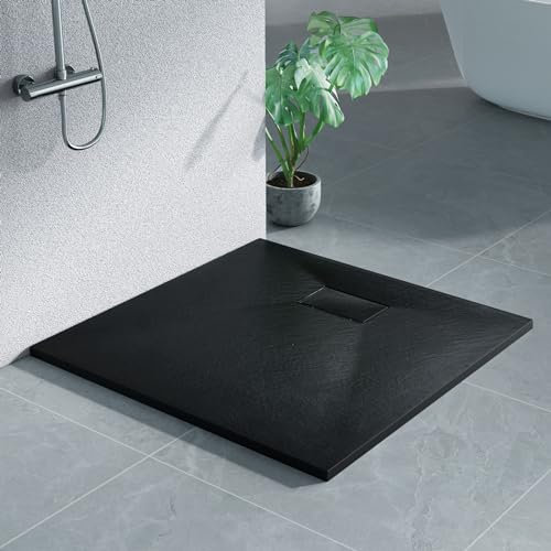 Heilmetz Duschwanne 90x90cm Flach Duschtasse Höhe 2.6 cm Brausewanne Steinoptik Antirutsch SMC Duschtasse, Ø 90mm Ablauföffnung -Schwarz (ohne Siphon)