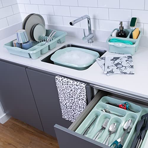 Wham 4 Piece Casa Plastic Kitchen Set (38cm Rectangular Bowl, Large Cutlery Tray, Large Dish Drainer & Sink Tidy) (Silver Sage)
