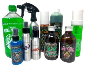 ALOE TATTOO MEGA Set (10 Artikel): Green Soap/Foam/Konzentrat, TattooPartner Sprayflasche, Stencil Plus, Stencil Premium, Stencil Eraser, Witch Hazel...