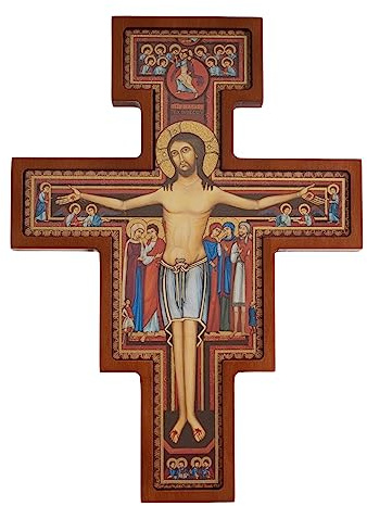 Drewniane Krzyże Holzkreuz aus San Damiano Franziskus Kreuz Hängekreuz aus Buchenholz Glatte Oberfläche (14x10x1,8cm)