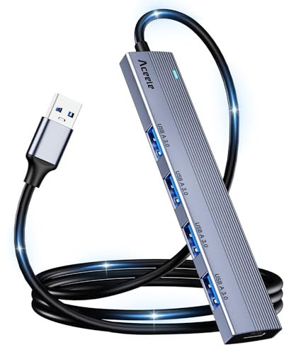 Aceele 5 Porte Hub USB 3.0 con Cavo Lungo 120cm, Sdoppiatore USB da 5 Gbps con Porta di Alimentazione di Tipo C, Adattatore USB Esteso in Alluminio per Laptop MacBook Pro/Air Samsung Chromebook, ecc.