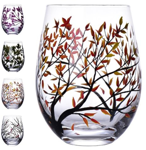 Four Seasons Tree Wine Glasses - Hand Painted Art Wine Glass, Spring Summer Winter Fall Colored Painted Glassware Decorative Wine Glasses Set, Unique Housewarming Gift (Stemless Glass, Single, Autumn)
