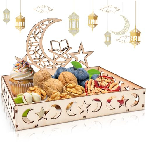 Ramadan Holz Teller, Eid Mubarak Teller Holz Tablett, Mond-Stern-Form-Tablett, Eid Mubarak Tischdeko Teller, Ramadan Tischdekoration, für Süßigkeiten Kuchen Kekse (A)