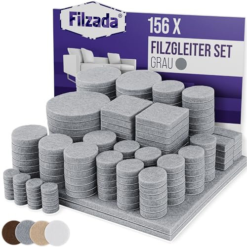 Filzada® Set di 156 feltrini autoadesivi (rettangolari e rotondi) – grigio – feltrini professionali per mobili in feltro con forza adesiva ideale