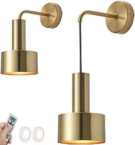 Wall Light Battery Operated Sconce Set of 2 Gold Remote Wall Sconces for Wireless Battery Powered Wall Hanging Lamp Black Mid Century Modern Cordless Bedroom Bedside Chandelier Indoor White Warm as