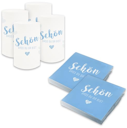 itenga Tischdeko Set - Servietten Schön dass du da bist 30 x 30cm 3-lagig 40 Stück und 6 Windlichter für Kommunion Konfirmation Hochzeit Taufe und andere Feiern (hellblau)
