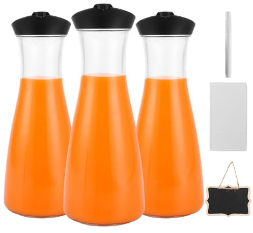 LDXDRU Glaskaraffe 3er Set, 1 Liter Wasserkaraffe mit Deckel, Karaffe Glas mit Deckel Glaskrug für Milch Saftgetränke Eistee Hausgemachte Getränke Tee