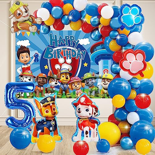67 Stück Paw Geburtstagsdeko 5 Jahre, Paw 5 Jahre Geburtstag Dekoration Set, Foto Hintergrund, Paw Deko Kindergeburtstag, Folienballon, Latex Luftballons, für 2 Jahre Kinder Party Supplies
