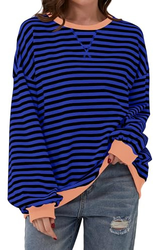 DUOEASE Jersey Mujer Manga Larga Sudadera Sin Capucha Camiseta Oversize Top | Suave, elástico, transpirable, Cuello Redondo, Rayas, corte holgado, Casual, la oficina, otoño/invierno