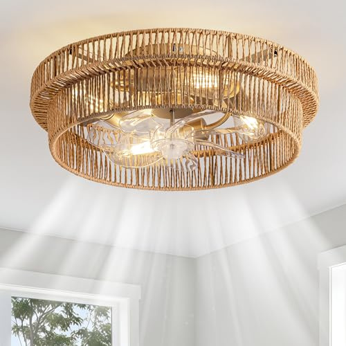 DARYEWO - 50,8 cm böhmische Käfig-Deckenventilatoren mit bündig montierten Lichtern, geschichteter Rattan-Deckenventilator mit 6 Geschwindigkeiten, wendbarer Fernbedienung
