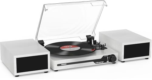 Udreamer Giradischi con 2 altoparlanti stereo doppio, giradischi vintage Bluetooth 5.3 supporta 3 velocità, AUX-In, RCA Line, USB, riproduzione wireless, bianco