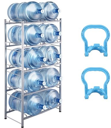 VEVOR 5 Tiers Water Jug Holder, 5 Gallon Water Bottle Holder, Double Row Water Bottle Rack for 10 Bottles, Heavy Duty Water Jug Rack for Kitchen, Office, Living Room, Silver Gray
