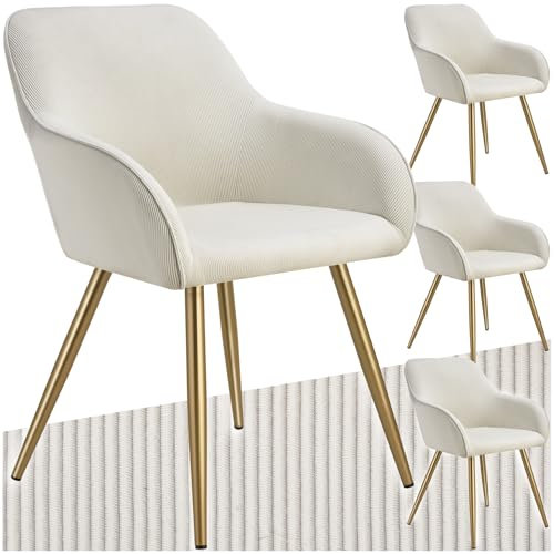 tectake® 4X Esszimmerstuhl, Sessel bequem mit Armlehne, Polsterstuhl, Cord Cocktailsessel, Loungesessel für Wohnzimmer, Esszimmer, Moderne Küchenstühle, Bürostuhl - Creme/Gold