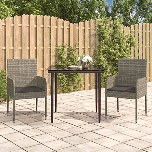 3-tlg. Garten-Essgruppe mit Kissen Schwarz und Grau Poly Rattan, Outdoor-Sitzgruppe, Terrassen-Lounge-Set, Garten-Couchgarnitur - Wetterbeständig, Komfortabel - für Terrasse, Garten und Balkon