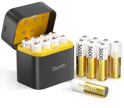Zepath Pilas Recargable AA de Litio con Cargador, 3600mWh Capacidad Alta Paquete de 16 Salida Constante de 1,5 V Pilas AA Recargables, Portátil Pilas Recargables para Ratón,Gamepad, Cámara