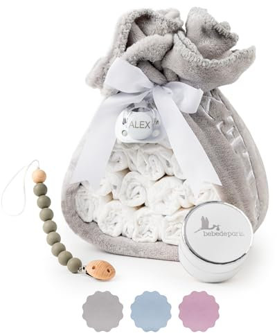 Torta Pannolini Neonato con Coperta Ricamata + 15 Pannolini Moltex Taglia 2 (3/6 Mesi) + Ciuccio con Nome + Accessori (Unisex | Set con ciuccio) | BebeDeParis