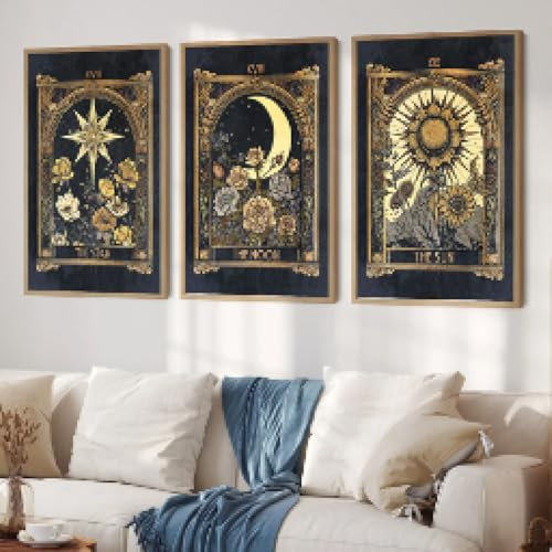 LZJAGXX Tarotkarte, Wandkunst, Retro-Leinwand-Poster und Druck, Vintage, Sonne, Mond, Sterne, Blumenkunst, Gemälde, modernes Wandbild, Heimdekoration, 30 x 40 x 3 cm, rahmenlos