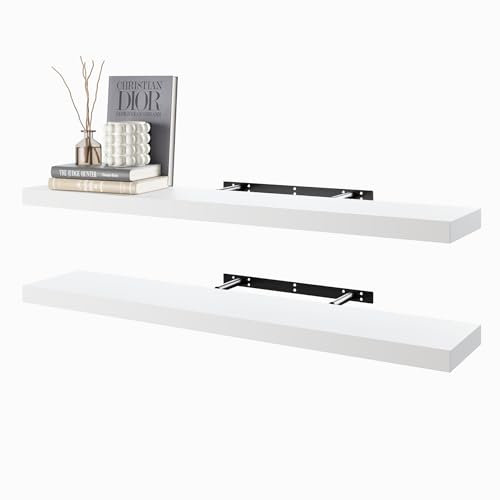 BAMEOS White Floating Shelves - 100cm - Wall Mounted Wooden Shelves with Invisible Brackets, Set of 2, Hanging Decoration for Bedroom, Bathroom, Living Room, Kitchen