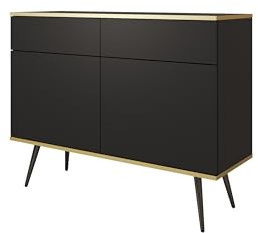 3xE Living Schwarze Kommode mit schwarzen Beinen und eleganten goldenen Details, 107x85x39 cm