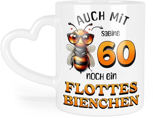 Kiddle-Design Personalisierte Tasse 60. Geburtstag - Flottes Bienchen ist 60-60ter Geburtstag Lustiges Geschenk Frau Frauen - Tasse mit Herz-Henkel