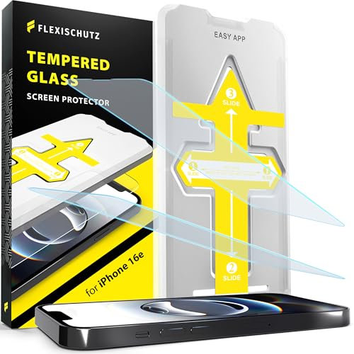 FlexiSchutz Schutzglas für iPhone 16e Schutzfolie, Screen Protector, Glas Displayschutzfolie mit praktischer Installationshilfe, Glas Folie mit Schabone, Displayschutz [2 Stück]