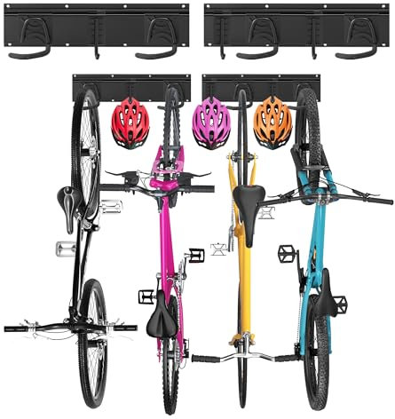 Sinoer Fahrradwandträger,Wandhalterung für 4 Fahrräder + 3 Helme, Werkzeugaufbewahrungshaken einstellbar für Garage oder Zuhause, vertikaler Fahrradhänger(Innenbreite: 90 mm) - 2 Schienen