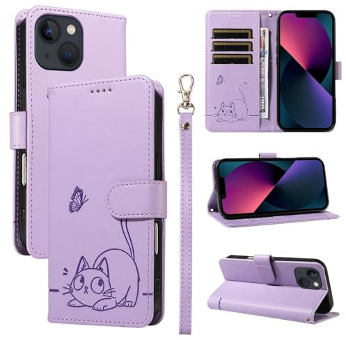 SATURCASE Custodia per Apple iPhone 14, in pelle sintetica di poliuretano, con doppio magnete, con scomparti per carte di credito, cinturino da polso per Apple iPhone 14 (ZC-viola)